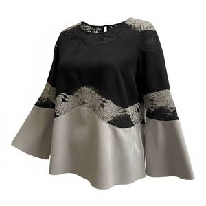 Alberto Makali  Faux Suede & Lace Colorblock Blouse XL Black Gray Flare Sleeves